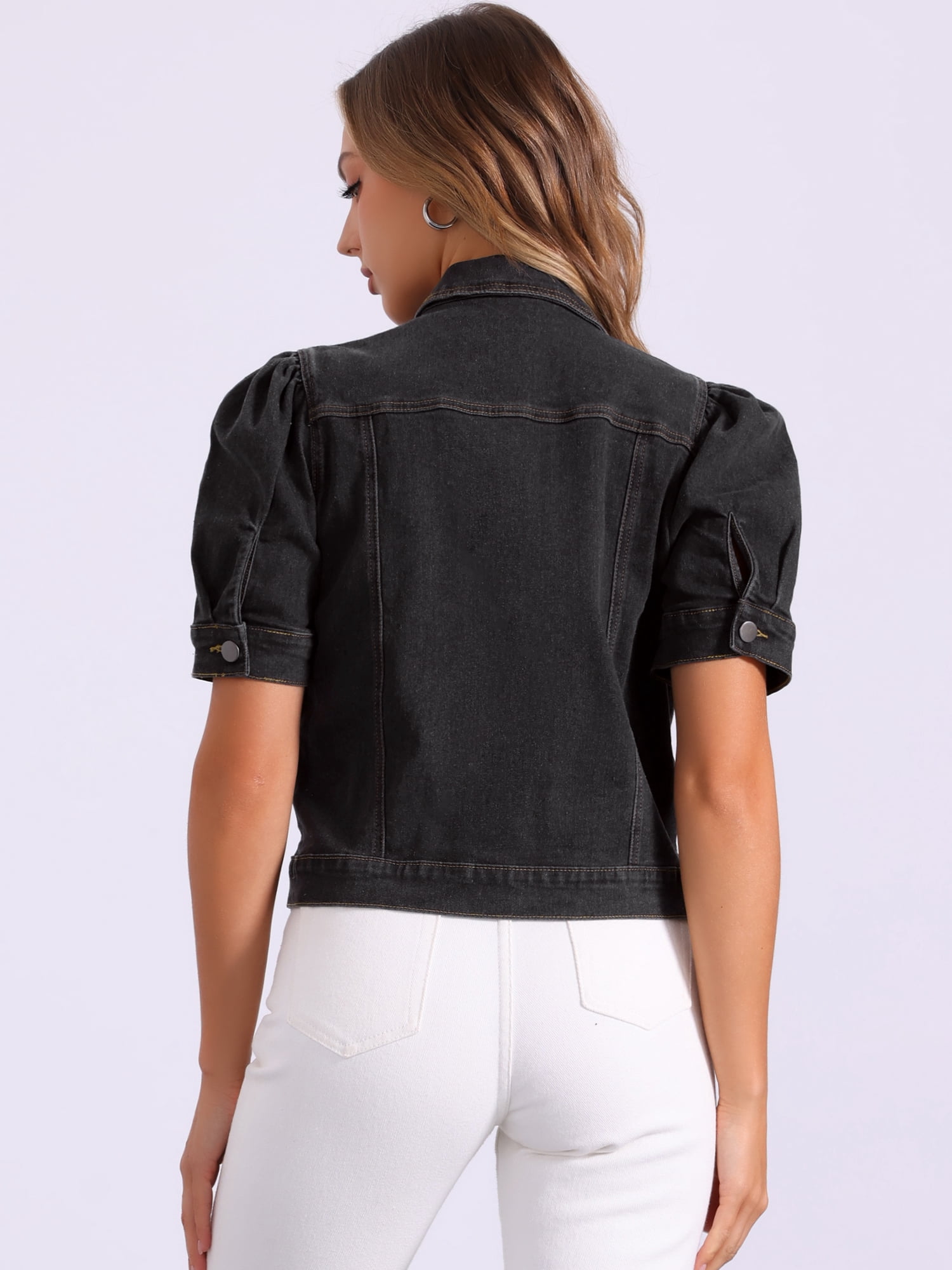 DARING DIVA Women's Short Puff Sleeves Button-Down Denim Jacket XS Black