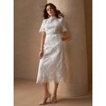 thumbnail image 3 of White Floral Lace High Neck Short Sleeve Sheath Midi Dress, 3 of 30