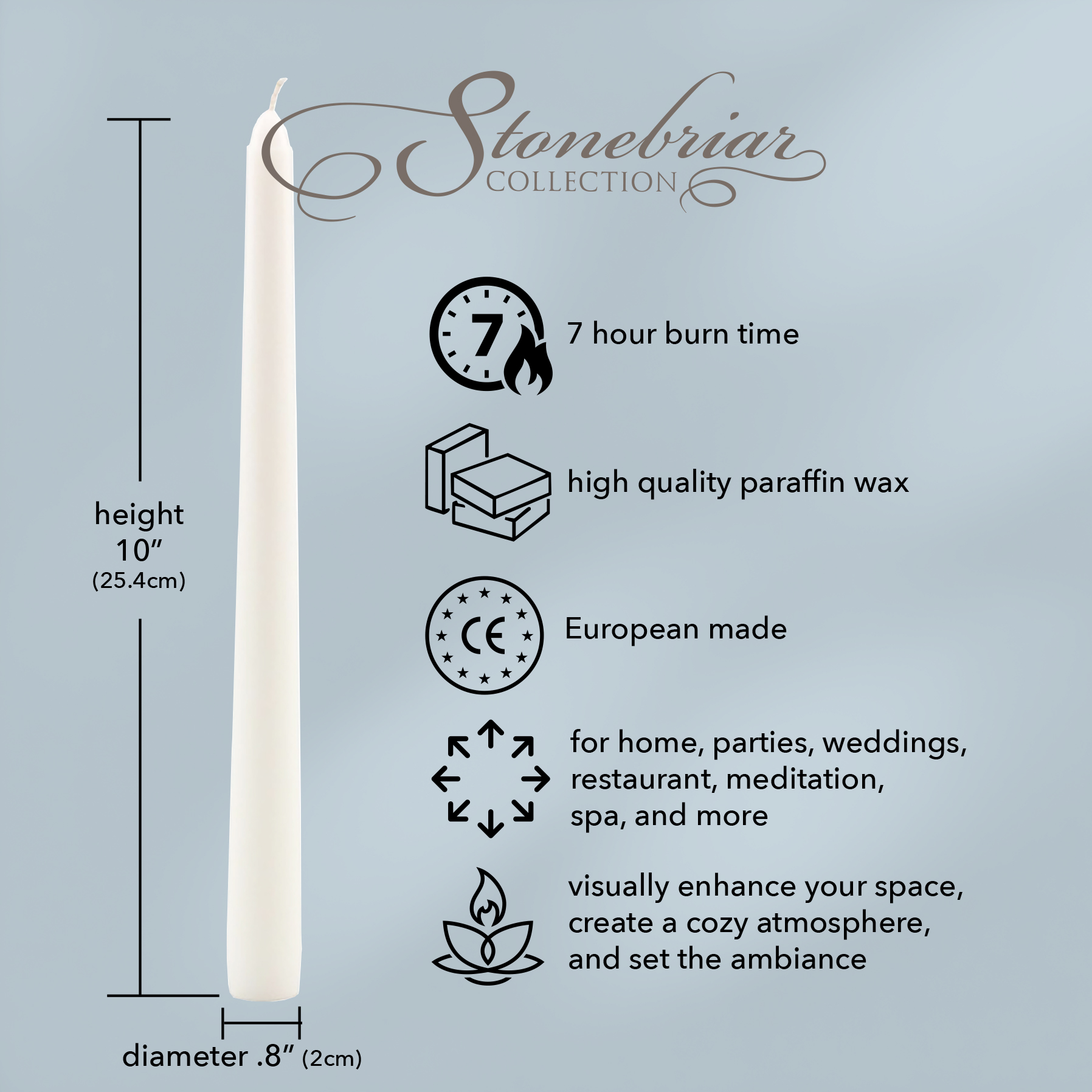 Stonebriar Unscented 10" Dripless Taper Candles with 7 Hour Burn, 30 Pack, White