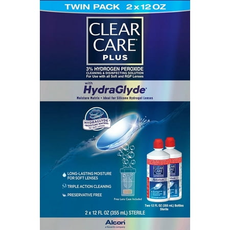 Clear Care Plus Contact Lens Cleaning Liquid Solution for Daily Use, Two 12 oz per Pack