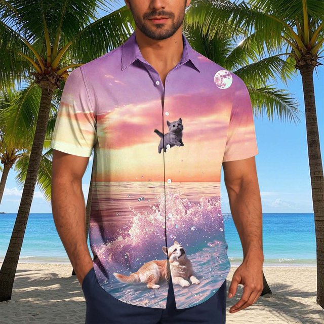 Blusa y camisa de manga corta con cuello vuelto para hombre, blusa informal de moda con botones estampados, blusa de manga corta con cuello vuelto, blusa de poliéster para hombre