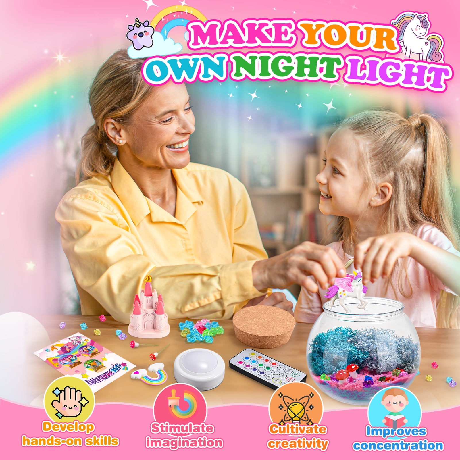 DIY Unicorn Night Light Kit - 3-in-1 Terrarium Craft For Girls Ages 6-12 With LED Lights