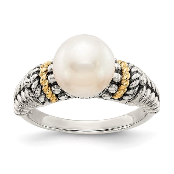 14K Two-Tone Gold Ring Band Pearl Yellow Freshwater White