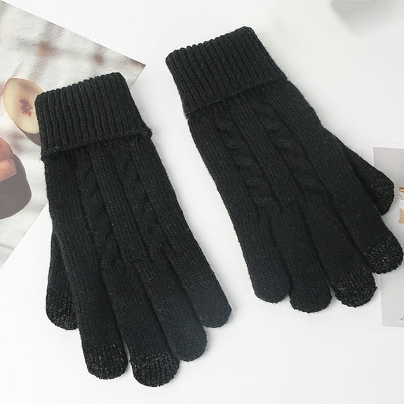 absanyy Women's Touchscreen Gloves - Warm Thermal Cable Knit Winter Gloves with Ribbed Cuff, Black, Size L - Compatible with Smartphones