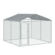 PawHut Outdoor Metal Dog Kennel, Pet Playpen with Steel Lock, Mesh Sidewalls and Cover for Backyard & Patio, 9.8 x 9.8 x 7.7