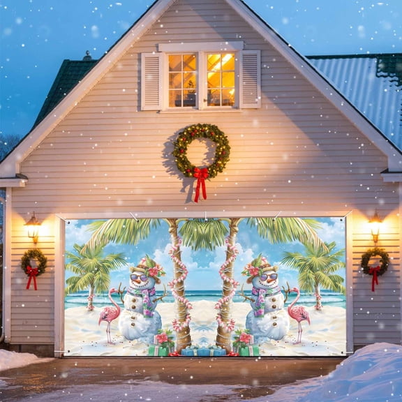 Christmas Snowman Garage Door Banner Covers, with Sunglasses Flamingo Palm Tree Beach Large Hanging Indoor/Outdoor Backdrop Background for Christmas Winter Party Decor, 6.9x8 FT
