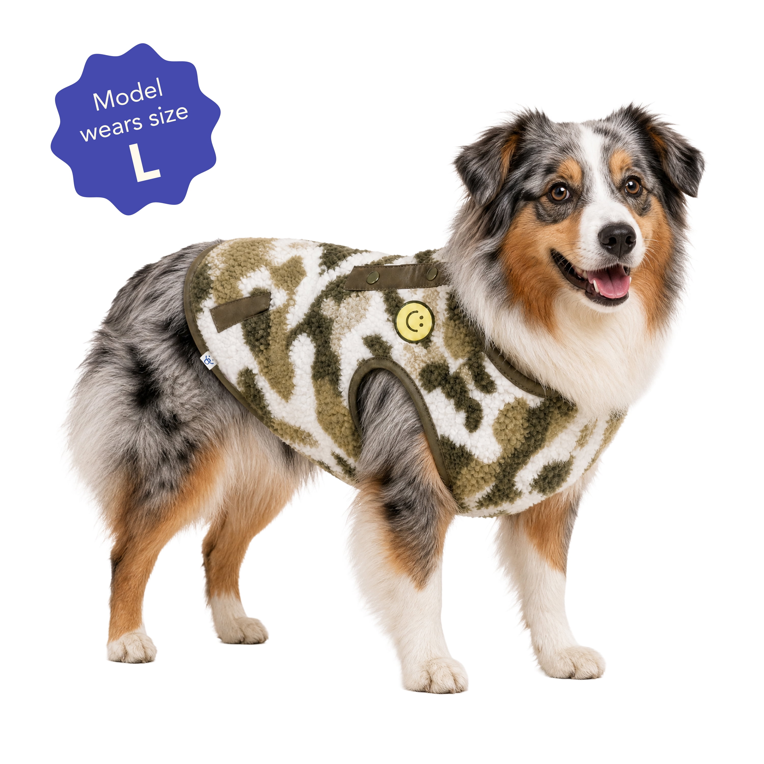 Oodles Smiley Face Fall Camo Sherpa Dog Jacket, Green, Large