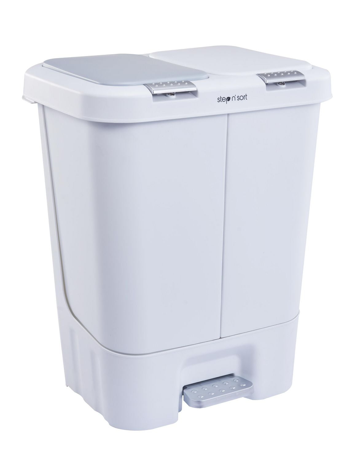 The Step N' Sort 40L Dual Trash and Recycling Bin with Spring Top opening and Hands-free slow close lid. White