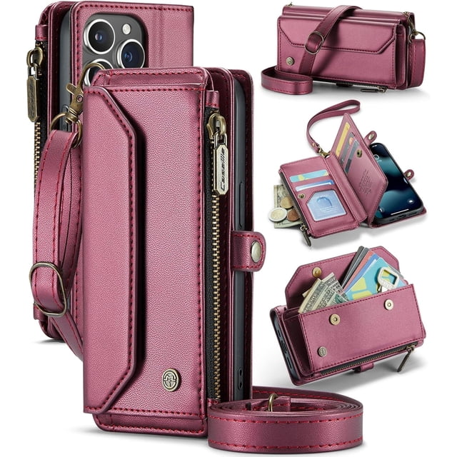 for iPhone 13 Pro Case, Crossbody Wallet Phone Case with RFID Blocking Kickstand, Anti-Drop Wireless Charging Card Slots, PU Leather Shoulder Bag Clutch Adjustable Strap