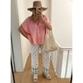 thumbnail image 2 of Womens Summer Oversized Short Sleeve Button V Neck Casual Knit Sweater Tops Pink M, 2 of 6