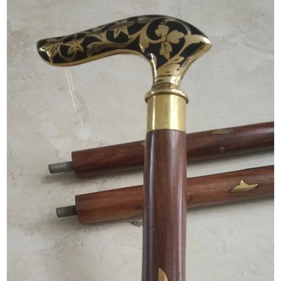 Handmade Vintage Solid Brass Handle Antique Victorian Cane Wooden Walking Stick.