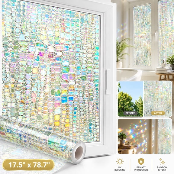 3D Rainbow Prism Window Privacy Film , Peel and Stick Stained Glass Decal , Decorative Window Clings for Home & Bathroom Door , Heat Blocking & UV Resistant , Sun Catcher Static Cling 17.5" x 78.7")