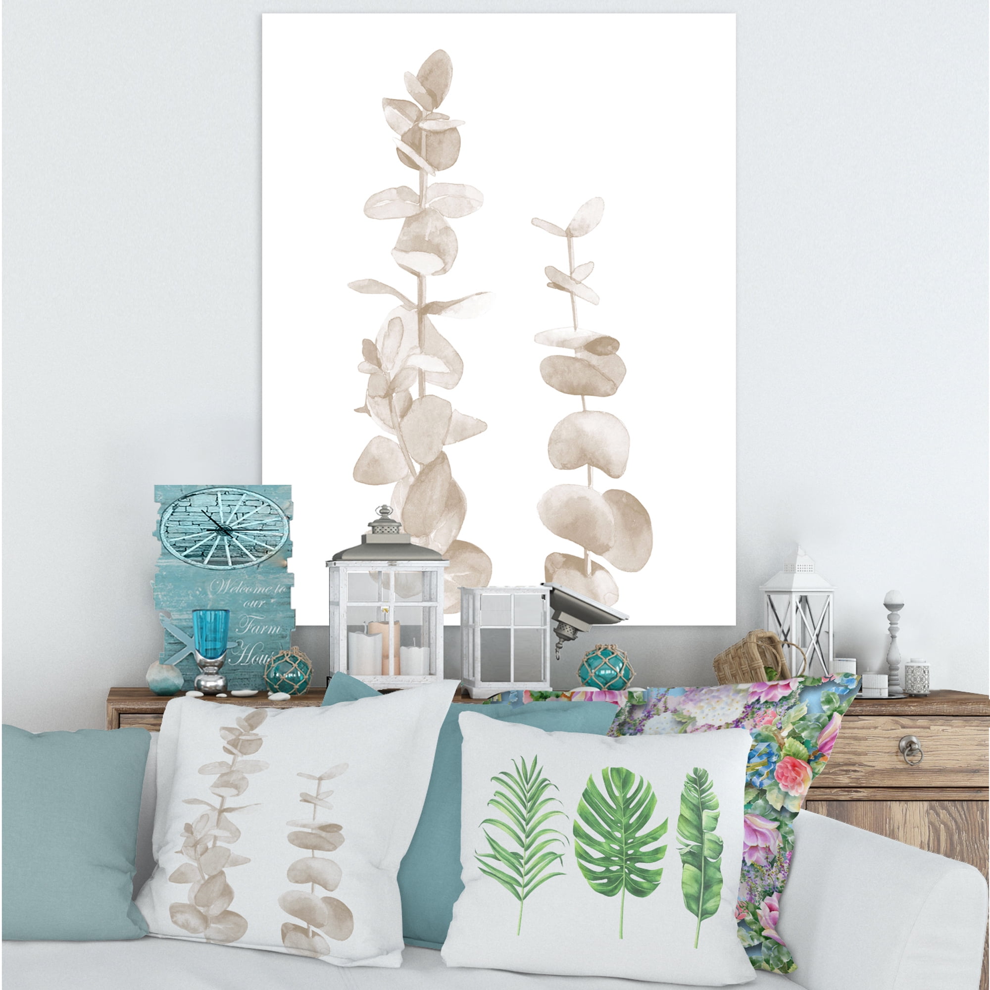 Grey Eucalyptus Branches On White 8 in x 12 in Painting Canvas Art Print, by Designart