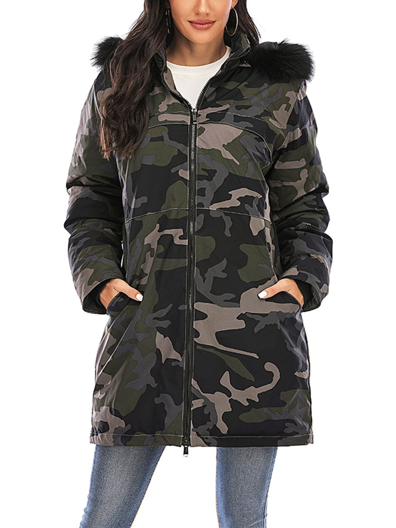 Dodoing - Women's Winter Warm Jacket Coat Oversize Fur Collar Hoodie ...