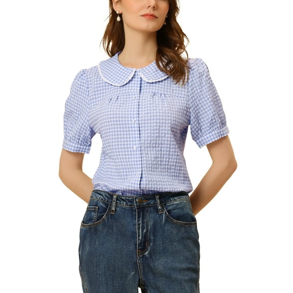 INSPIRE CHIC Women's Contrast Peter Pan Collar Blouse Puff Short Sleeve Plaid Shirt Top XS Blue