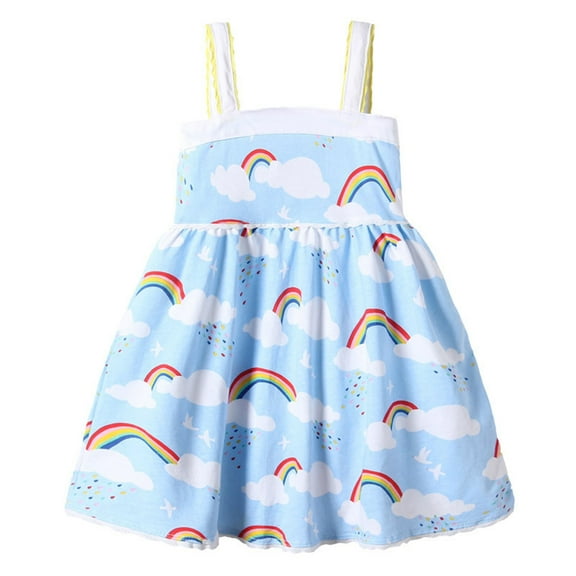 MQLKF Girls Cute Summer Short Sleeve Rainbow Print Sundress Summer Casual Mini Dresses 2 To 13 Years Beautiful Breathable Cute Girl Dress