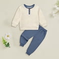 thumbnail image 2 of Xudanell Ribbed Toddler Boy Clothes Set Fall Winter Long Sleeve Sweatshirt and Pants Outfits 2T 3T 4T 5T 6T(Blue, 12-18 Months), 2 of 4