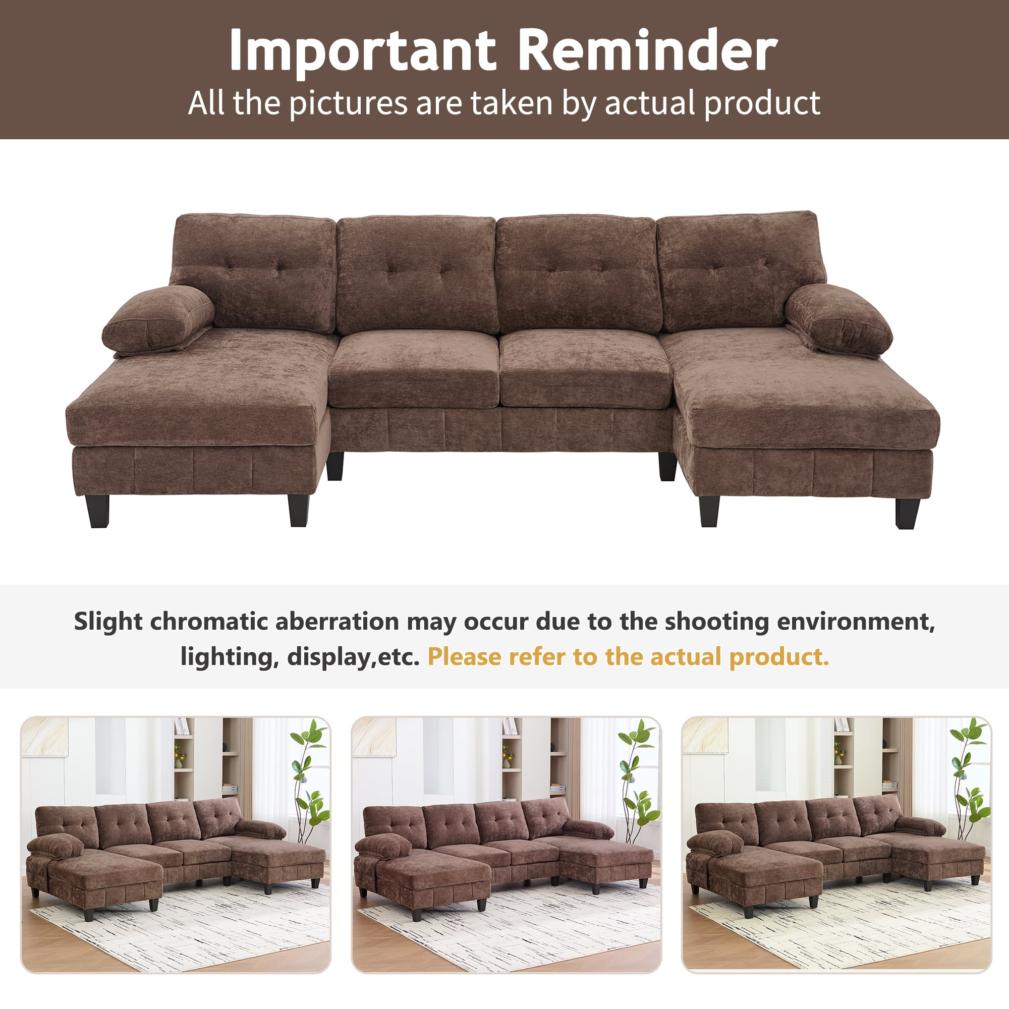 Euroco U-shaped Sectional Sofa 103.5" Chenille Fabric Couch with Dual Chaise Lounges, Storage Pockets and Armrest Pillows for Living Room, Brown
