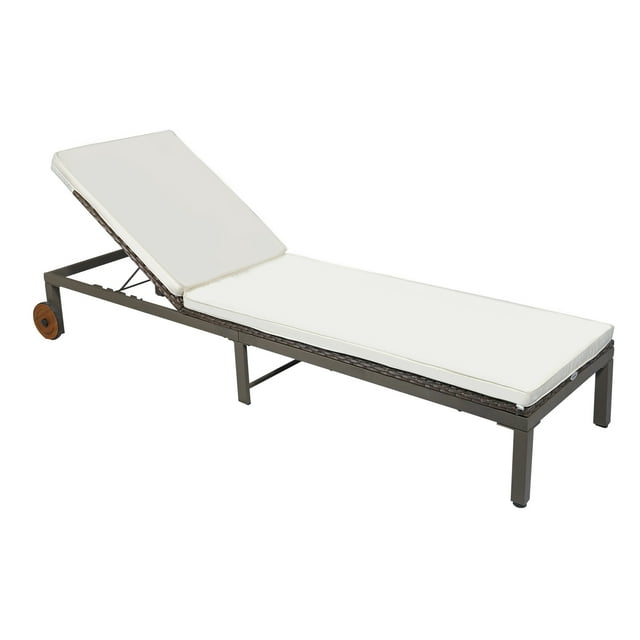 Outsunny Patio Rattan Sun Lounger, Cream White Wicker Chaise Lounge with Adjustable 4-Level Backrest & Wheels, Weather-Resistant PE Rattan, 76.8" L x 27.5" W, for Deck, Poolside, Garden Relaxation