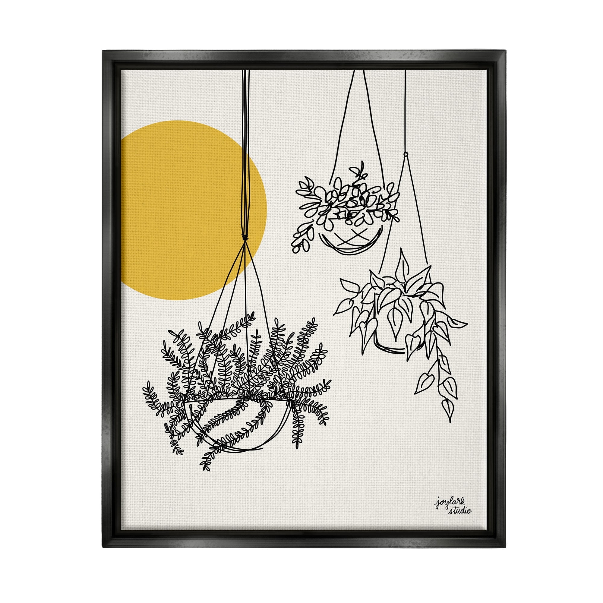 Stupell Industries Hanging Potted Plant Minimal Yellow Sun Lines Graphic Art Luster Gray Floating Framed Canvas Print Wall Art, Design by Jess Baskin