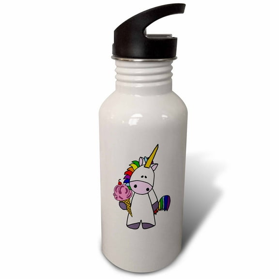 3dRose, Cute Funny White Unicorn eating Ice Cream Cone Cartoon, Flip Straw 21oz Water Bottle