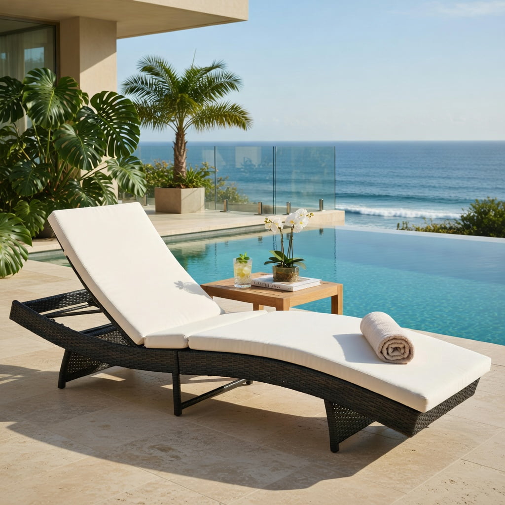 Hommoo Folding Patio Chaise Lounge Chair with 5-Position Adjustable Backrest, Thick Washable Cushion, PE Rattan Design, White