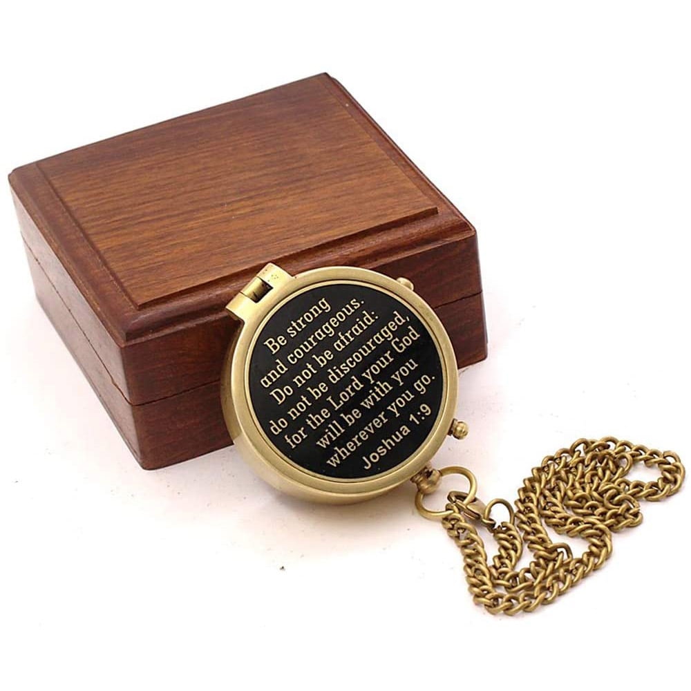 Rii Brand Brass Metal Golden Color Compass Engraved with Wooden Box