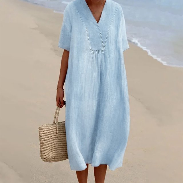 WILLBEST Coupes de Vinaigrette Ranch Individuelles Femmes Robe Décontractée Unie Manches Courtes Col en V avec Poches Robe Longue Ample