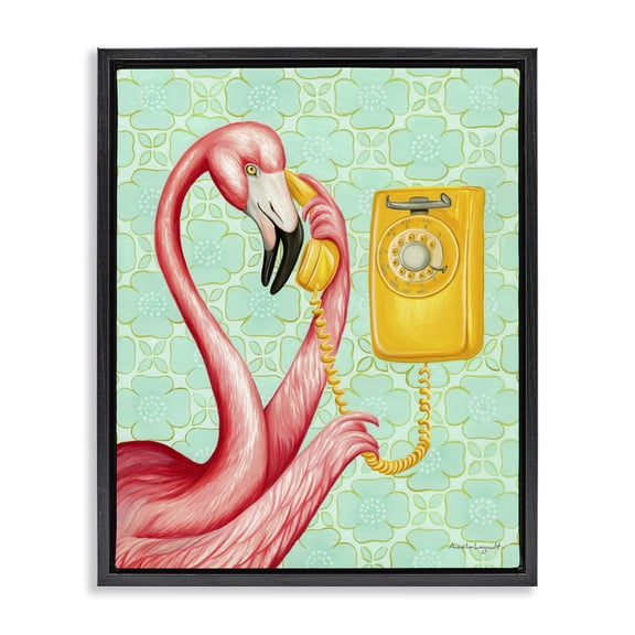 Stupell Industries Modern Flamingo Using Retro Telephone Patterned Flower Motif Black Floating Frame Canvas Art, 17 x 21, by Amelie Legault