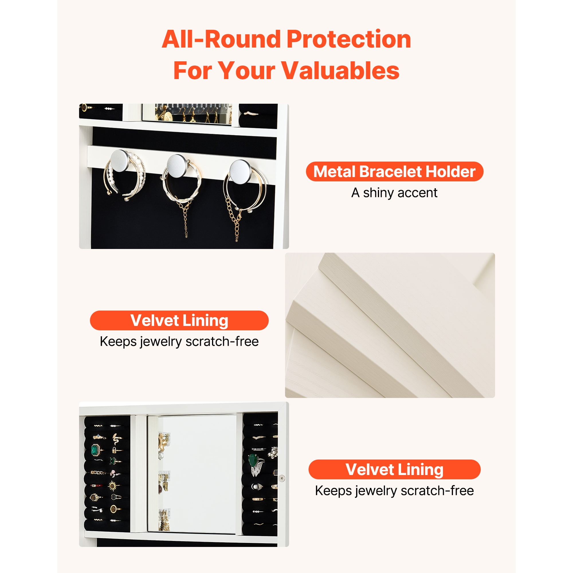 KFFKFF LED Mirror Jewelry Cabinet, 42.5-inch Tall, Full-Length Mirror with Storage, Wall-Mount or Over-the-Door Jewelry Organizer with Lights, Rounded Edges, Lockable Door with 2 Keys, White