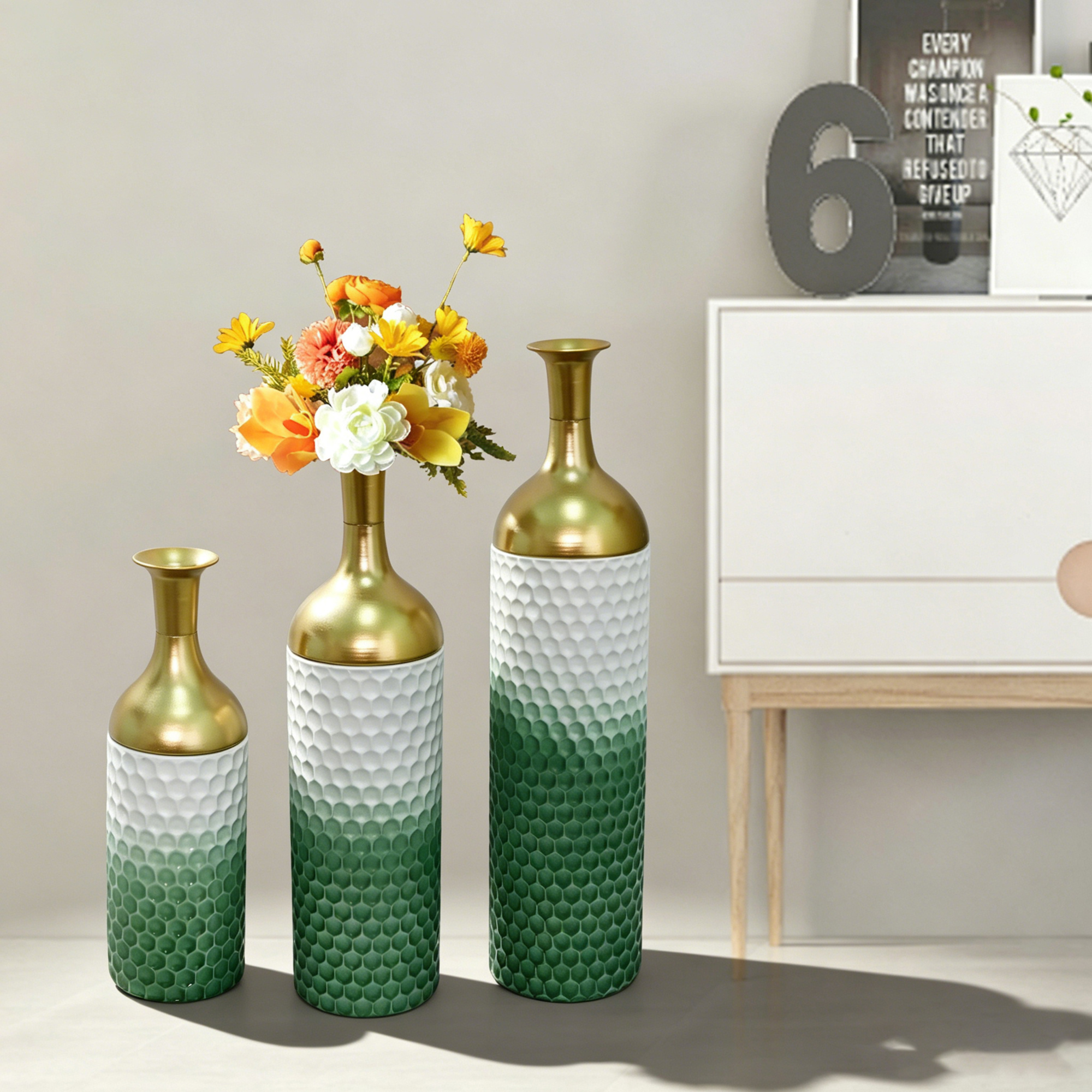 Leumius Decorative Metal Vases Set of 3, Green Leaf Pattern Floor Vases, Green &White Tall Vases for Home Decor, Living Room Entryway Decor