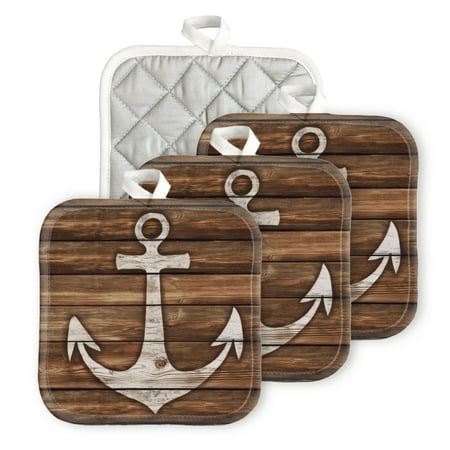 

BaHomeck Pot Holders 4pcs dacron Made Square heat-resisting mat Machine Washable for Kitchen Oven Hot Pads 6.7inch*6.7inch Wooden Background With White Nautical Anchor In Rustic Style