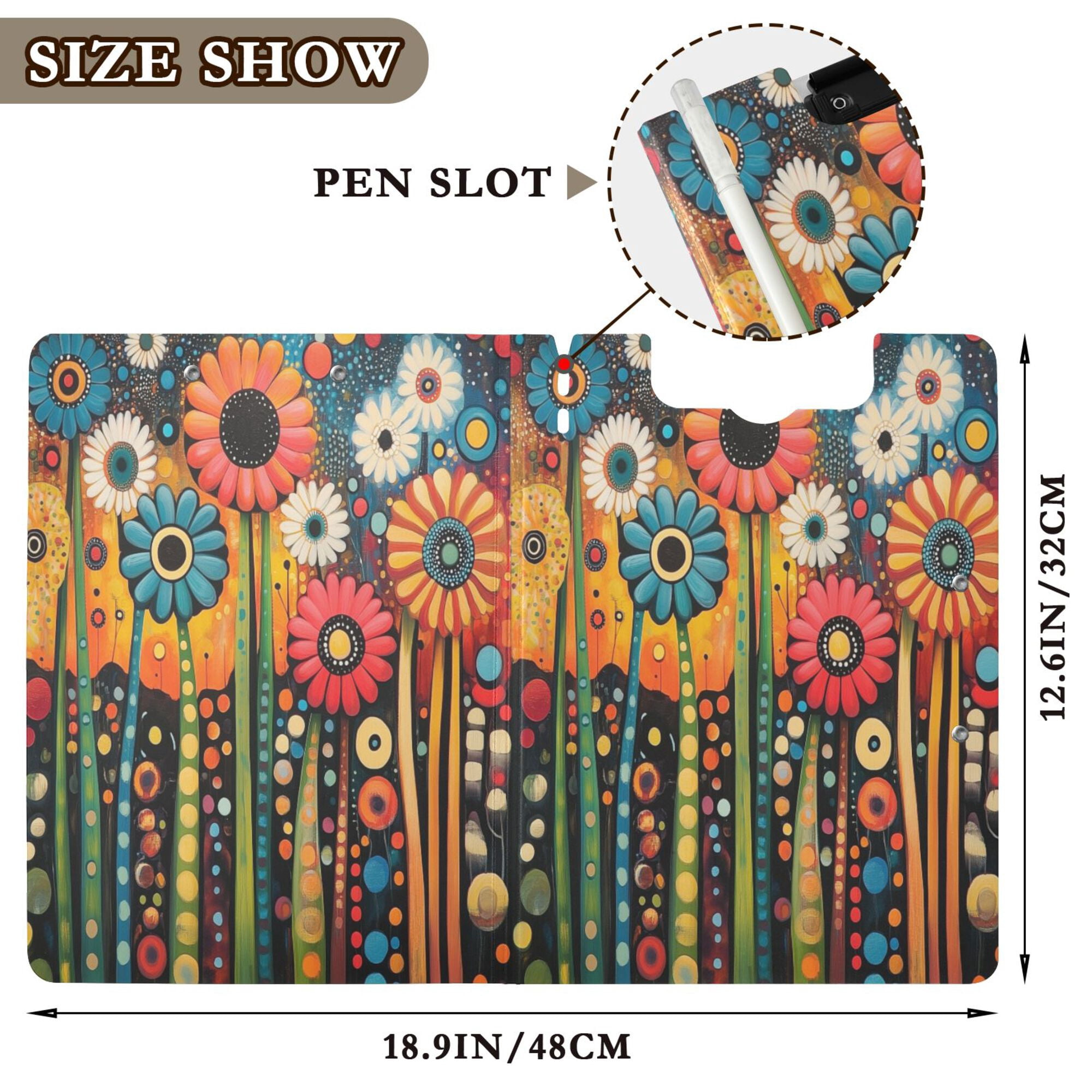 FORMRS A4 Clipboard Folder with Pen Holder Horizontal Foldable School Office Binder, Red Colorful Flowers with Dots