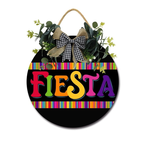 Fiesta Front Door Sign Funny Wreaths Hanging Wooden Plaque Decoration Round Rustic Wood Farmhouse Porch Decor for Home Front Door Decor, 12 x 12 Inch