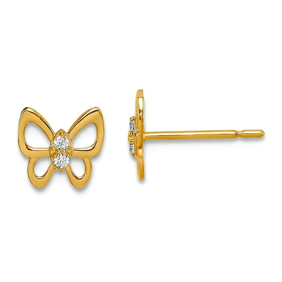 14k Solid Yellow Gold Butterfly Angel Wings Cubic Zirconia Stud Earrings 6.5mm long Stud Earring for Women