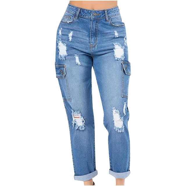 Crop Jeans for Women High Waist Ripped Button Skinny Pockets Ankle Length Jeans Ladies Casual Basic Denim Pants