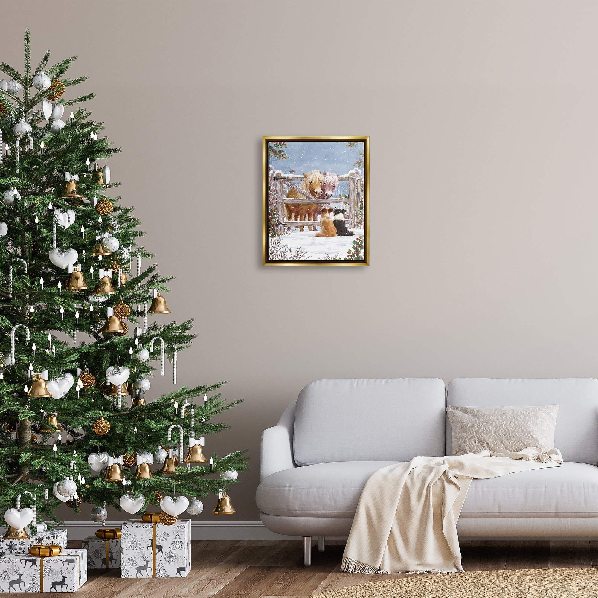 Stupell Industries Ponies & Dogs Winter Farm Scene Holiday Painting Gold Floater Framed Art Print Wall Art
