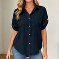 thumbnail image 2 of FINALGANG Womens Lapel Collar Roll Tab Short Sleeve Solid Color Dual Bust Pocket Curved Hem Loose Button Down Shirt Relaxed Fit For Ladies Office Daily Outdoor Outing Navy M, 2 of 6