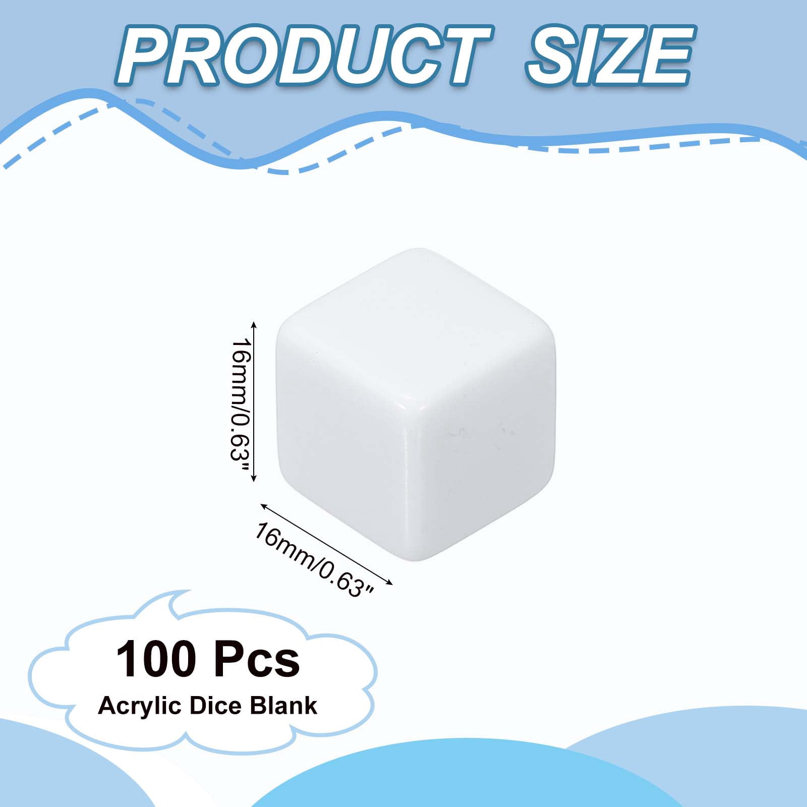 16 mm Acrylic Dice Blank, 100 Pcs Square Corner Blank Dice with Smoothed Surface Six Sided for Board, White