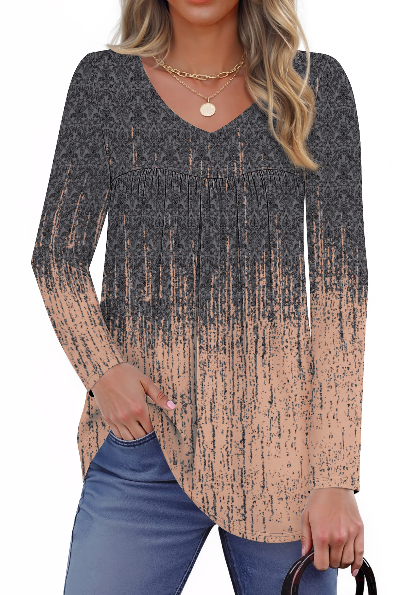 Fantaslook Womens Tops Dressy Casual Pleated Blouses V Neck Long Sleeve Shirts Fall Tunic Tops