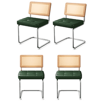 Modern Mid Century Breuer Style Rattan Dining Chairs Set of 4 with Solid Wood Back & Upholstered Faux Leather Seats, Kitchen & Living Room Dining Chairs (Green)
