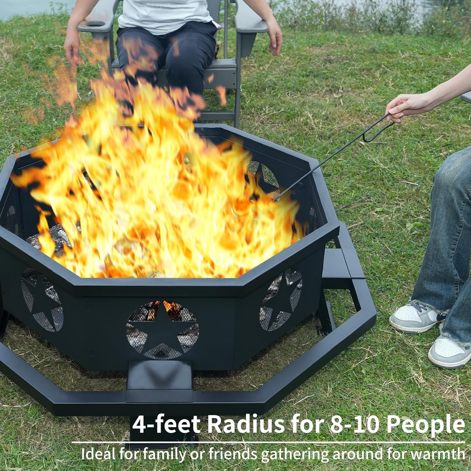 45 inch Extra Large Fire Pit, Outdoor Wood Burning Fire Pit for Outside Octagonal Heavy Duty Firepit for Camping, Backyard, Patio, Black