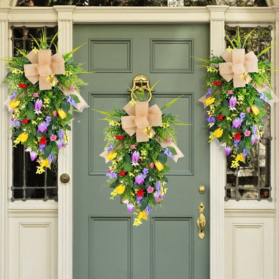 Rijanmt Spring Teardrop Swag With Flowers For Front Door,20.08" H Artificial Lavender Floral Swag Wreath With Daisies Tulips & Green Leaves,For Wedding Farmhouse Home Indoor Outdoor Window Wall Decor