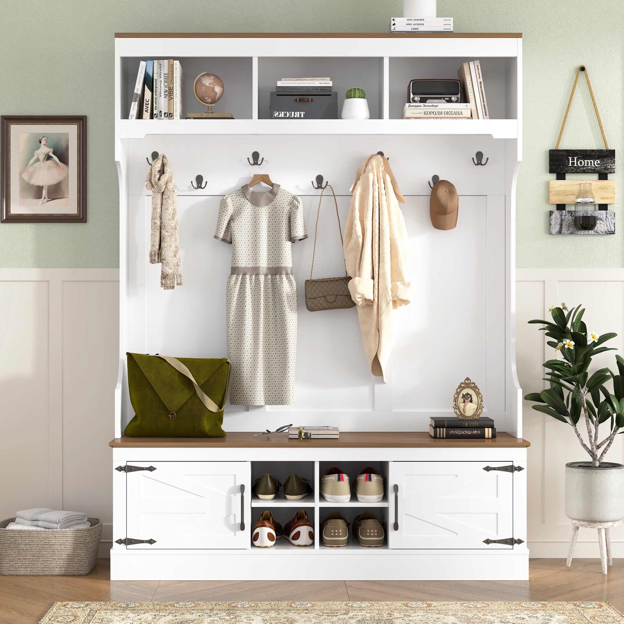 71''H Farmhouse Hall Tree with Shoe Storage Bench, 5-in-1 Entryway Storage Cabinet Organizer with Coat Rack for Hallway, Living Room