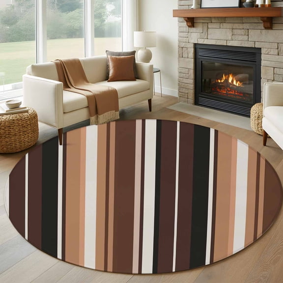 Round Area Rug 6 Ft, Brown Black Stripes Washable Non-Slip Circle Carpet for Living Room/Bedroom, Farmhouse Vintage Abstract Lines Low-Profile Indoor Mats Collection Rugs for Residential