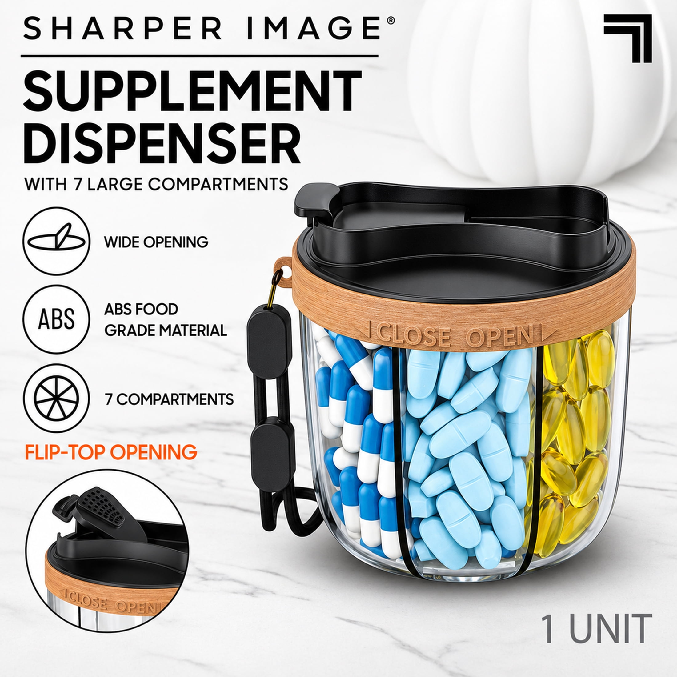 Sharper Image Supplement Dispenser with 7 Large Compartments, BPA-Free Weekly Pill Organizer, Flip-Top Lid, Travel Friendly, 1 Count