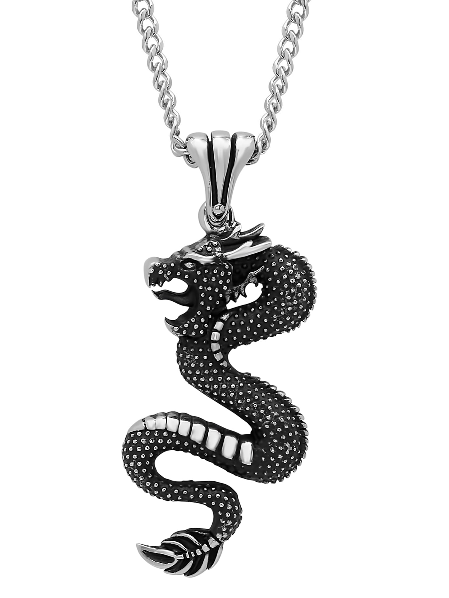 Men's Black Stainless Steel Wyrm Dragon Textured Pendant Necklace