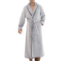 Homgro Men's Plush Bathrobe Soft Button Up Long Housecoat Fuzzy Fleece Fluffy Winter Full Length Loungewear Warm Shawl Collar Loose Long Sleeve Duster Robe with Pocket Navy Large