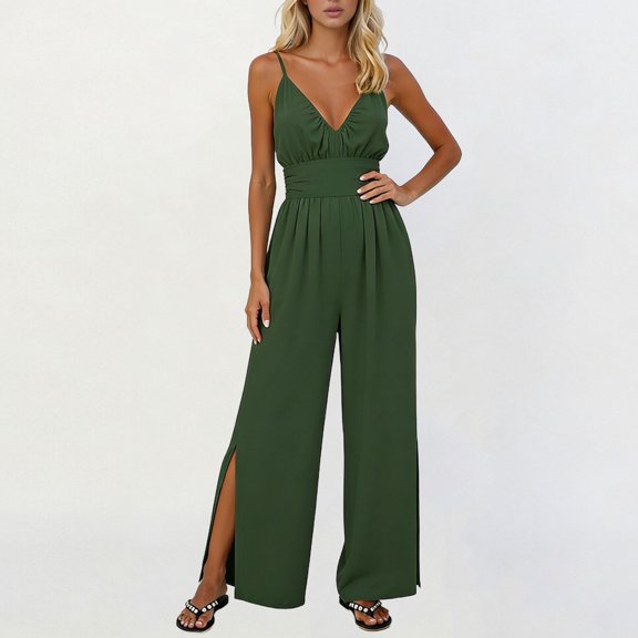 Cutuoiiu Casual Women Solid V Neck Spaghetti Strap Jumpsuit with Side Slit Wide Leg Long Pants for Daily Wear Gifts