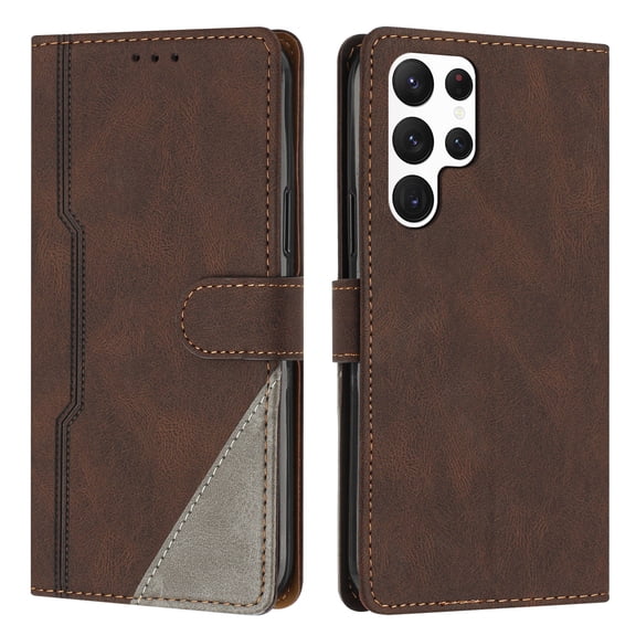 Case for Samsung Galaxy S23 Ultra, PU Leather Wallet Folio Card Holder Kickstand Shockproof Drop Protection Wrist Strap Wireless Charging Phone Case Cover Compatible with S23 Ultra, Brown